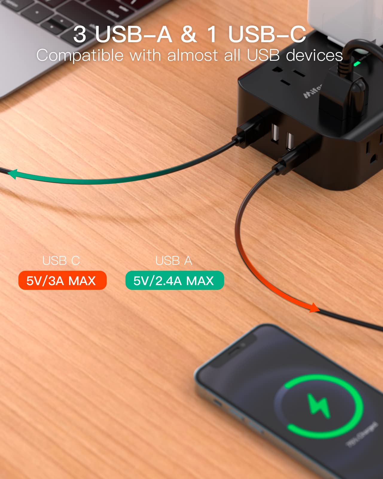 Power Strip Surge Protector - Flat Plug, Wall Mount, 8 Wide Outlets with 4 USB Ports (1 USB C), 5FT Heavy Duty Extension Cord with Multiple Outlets, Charging Station Overload Protection for Home Dorm