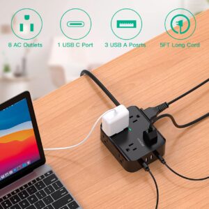 Power Strip Surge Protector - Flat Plug, Wall Mount, 8 Wide Outlets with 4 USB Ports (1 USB C), 5FT Heavy Duty Extension Cord with Multiple Outlets, Charging Station Overload Protection for Home Dorm