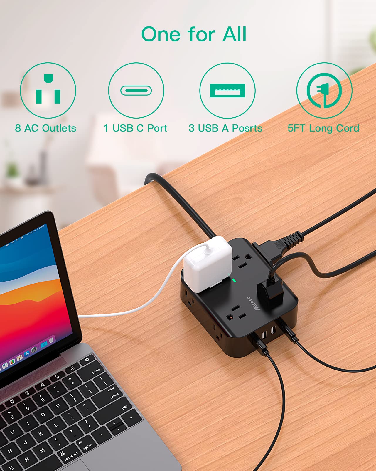 Power Strip Surge Protector - Flat Plug, Wall Mount, 8 Wide Outlets with 4 USB Ports (1 USB C), 5FT Heavy Duty Extension Cord with Multiple Outlets, Charging Station Overload Protection for Home Dorm