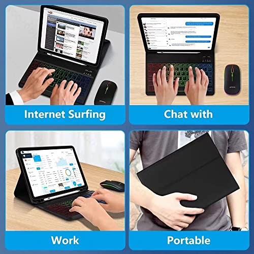 Bluetooth Keyboard and Mouse Combo for iPad - Rechargeable Wireless Keyboard & Mouse with 7-Color Backlit Compatible with iPad 9th/8th Gen, iPad Pro/Air/Mini, iPhone14/13/12 Pro, Black