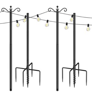 string light poles for outside 2 pack, outdoor light poles for string lights with 5-prong base and spiral ground anchor, 8.5 ft heavy duty metal posts for backyard garden patio christmas lighting