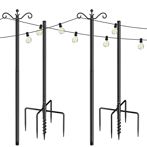 String Light Poles for Outside 2 Pack, Outdoor Light Poles for String Lights with 5-Prong Base and Spiral Ground Anchor, 8.5 ft Heavy Duty Metal Posts for Backyard Garden Patio Christmas Lighting