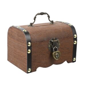 homoyoyo wooden treasure chest box, retro handcrafted treasure organizer coin box piggy bank, wooden box with lock, storage box for jewelries organizer