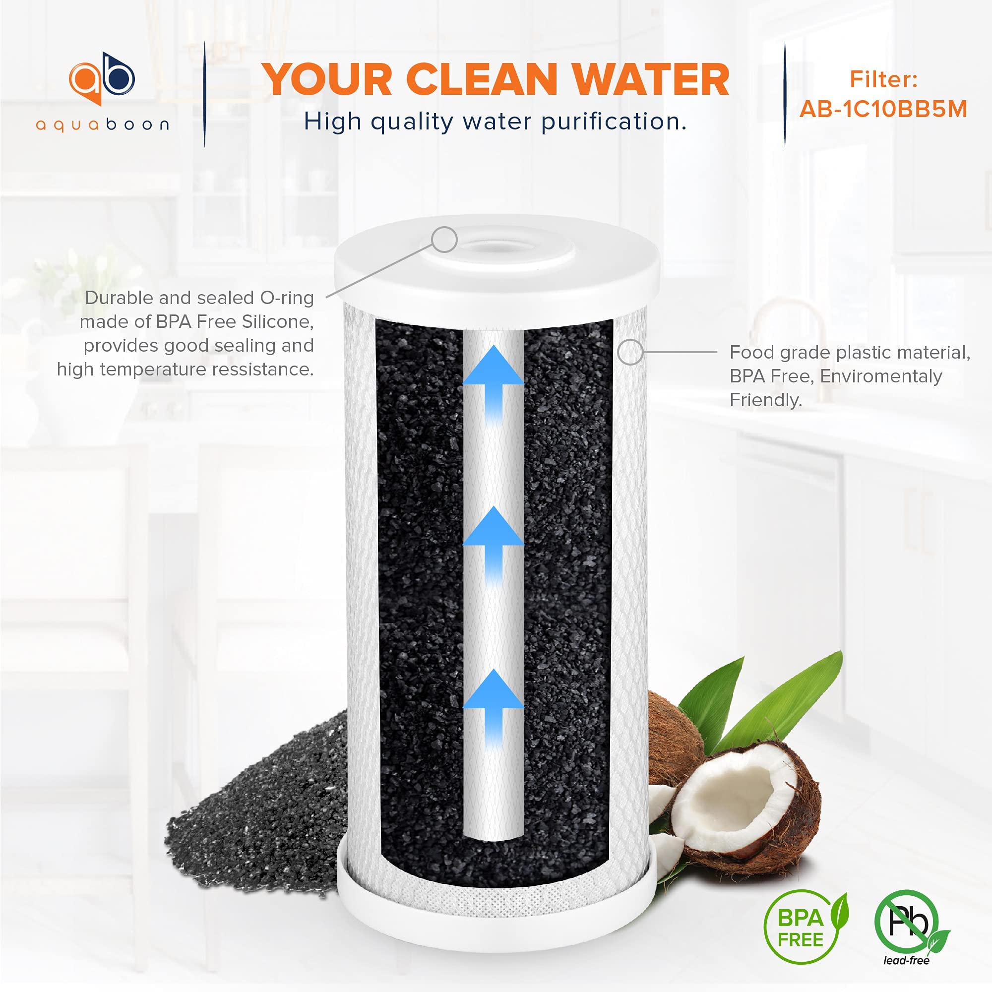 Aquaboon 2-Pack of 1 Micron 10" Sediment Water Filter Replacement Cartridge & Aquaboon 2-Pack Coconut Shell Water Filter Cartridge | Universal Whole House 1 Micron 10 inch Cartridges