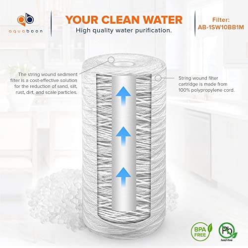 Aquaboon 2-Pack of 1 Micron 10" Sediment Water Filter Replacement Cartridge & Aquaboon 2-Pack String Wound Sediment Water Filter Cartridge | Universal Whole House 1 Micron 10 inch Cartridges