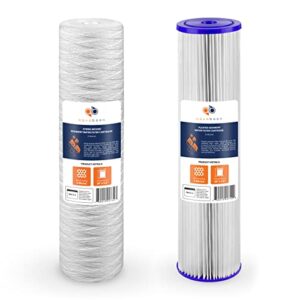 aquaboon 1-pack of 5 micron 20" x 4.5" string wound sediment water filter replacement cartridge & 1-pack pleated sediment water filter cartridge | universal whole house 5 micron 20 inch cartridges