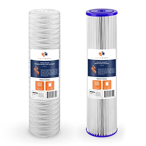 Aquaboon 1-Pack of 5 Micron 20" x 4.5" String Wound Sediment Water Filter Replacement Cartridge & 1-Pack Pleated Sediment Water Filter Cartridge | Universal Whole House 5 Micron 20 inch Cartridges