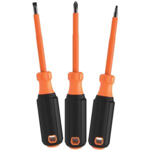 klein tools 85073ins insulated screwdriver set features 1000v phillips, slotted and square tips, cushion grip handles, 3-piece