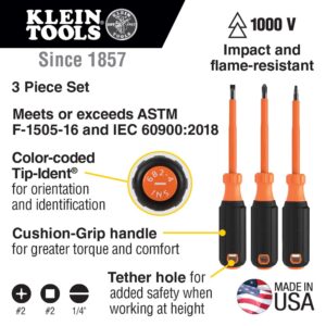 Klein Tools 85073INS Insulated Screwdriver Set features 1000V Phillips, Slotted and Square Tips, Cushion Grip Handles, 3-Piece