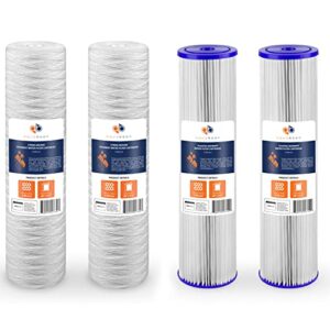 aquaboon 2-pack of 5 micron 20"x 4.5" string wound sediment water filter replacement cartridge & 2-pack pleated sediment water filter cartridge | universal whole house 5 micron 20 inch cartridges