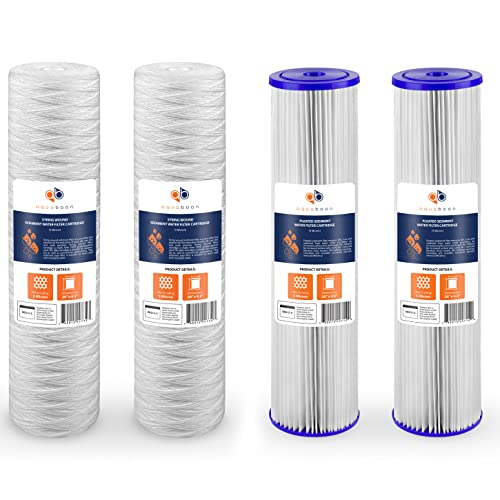 Aquaboon 2-Pack of 5 Micron 20"x 4.5" String Wound Sediment Water Filter Replacement Cartridge & 2-Pack Pleated Sediment Water Filter Cartridge | Universal Whole House 5 Micron 20 inch Cartridges