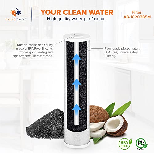 Aquaboon 1-Pack of 5 Micron 20" String Wound Sediment Water Filter Replacement Cartridge & Aquaboon 2-Pack Coconut Shell Water Filter Cartridge | Universal Whole House 5 Micron 20 inch Cartridges