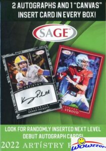 2022 sage artistry football factory sealed blaster box with (2) autographs, (70) rookie cards & canvas stock insert! look for rc & autos of top 2022 football draft picks & future picks! wowzzer!