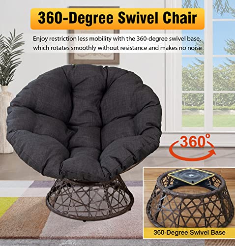 Papasan Chair Patio Lounge Chairs Egg Chair Round Circle Ratten Chair 360-Degree Swivel Papasan Chair with Cushion and Metal Frame for Indoor Outdoor Living Room Bedroom Apartment (Black)