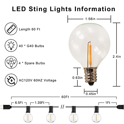 GIYOKAJU 60ft Outdoor String Lights with 40+4 Dimmable LED Bulbs,Adjustable Brightness Camping Waterproof Lights,G40 Hanging String Lights for Cafe,Bistro & Backyard