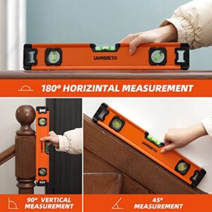 URASISTO 16 Inch Torpedo Level, Magnetic Level Tool with 45°/90°/180° Bubbles, Aluminum Alloy Construction, Shock Resistant Bubble Level Tool(400mm)