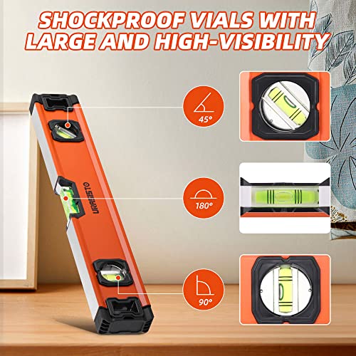 URASISTO 16 Inch Torpedo Level, Magnetic Level Tool with 45°/90°/180° Bubbles, Aluminum Alloy Construction, Shock Resistant Bubble Level Tool(400mm)