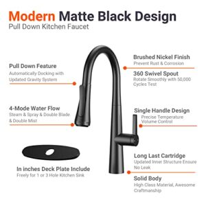 Kitchen Faucet with Pull-Down Sprayer, LEPO Matte Black 4-Function Kitchen Pull Out Faucet, Modern High Arc Single Handle Kitchen Utility RV Bar Sink Faucets with Deck Plate (Matte Black)