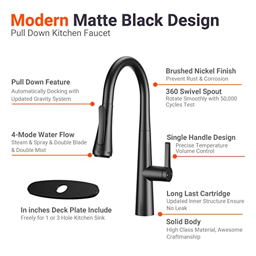 Kitchen Faucet with Pull-Down Sprayer, LEPO Matte Black 4-Function Kitchen Pull Out Faucet, Modern High Arc Single Handle Kitchen Utility RV Bar Sink Faucets with Deck Plate (Matte Black)
