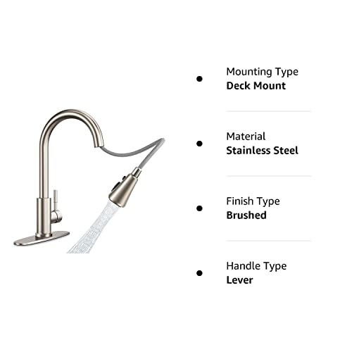Kitchen Faucets with Pull Down Sprayer Brushed Nickel,Jurishan Upgraded Single Level Stainless Steel Kitchen Sink Faucet with 3-Spray Mode, 360°Swivel Faucet for for Kitchen,Farmhouse,RV,Bar