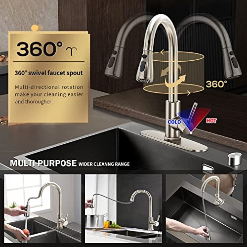 Kitchen Faucets with Pull Down Sprayer Brushed Nickel,Jurishan Upgraded Single Level Stainless Steel Kitchen Sink Faucet with 3-Spray Mode, 360°Swivel Faucet for for Kitchen,Farmhouse,RV,Bar