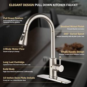 Kitchen Faucets with Pull Down Sprayer Brushed Nickel,Jurishan Upgraded Single Level Stainless Steel Kitchen Sink Faucet with 3-Spray Mode, 360°Swivel Faucet for for Kitchen,Farmhouse,RV,Bar