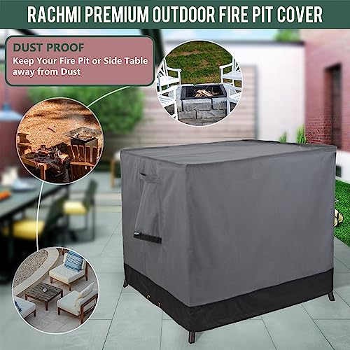 Rachmi Square Gas Fire Pit Cover 32.3 Inch, 600D Oxford Water Resistant Anti UV & Fade Outdoor Patio Cover for Coffee Fits 28/29/30/31 Inch Coffee & Side Table, (32.3"Wx32.3"Dx25.2"H, Gray/Black)
