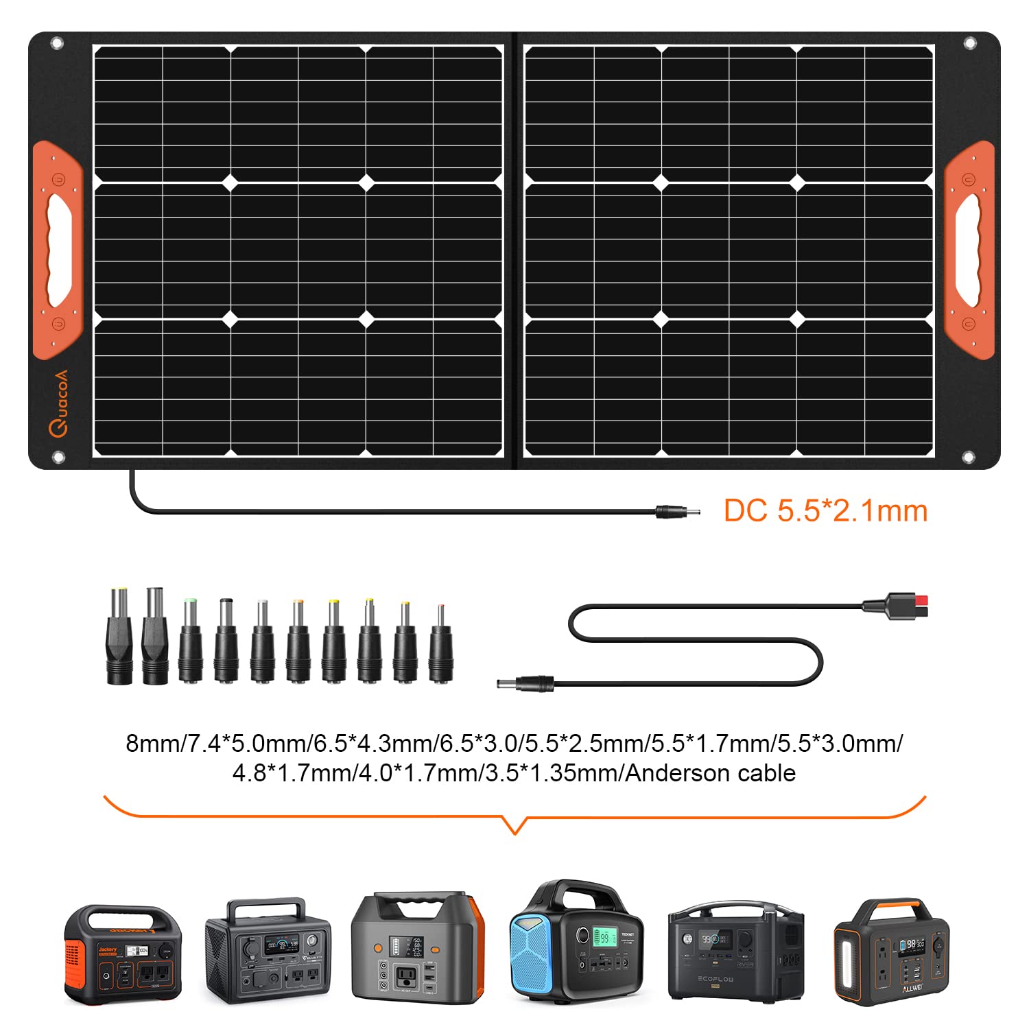 100W Portable Solar Panel, QUACOA Foldable 100 Watt Solar Panel Power Charger for Power Station, Monocrystalline Solar System Complete kit for Camping Boat Emergency Backup with 5V USB 18V DC Output