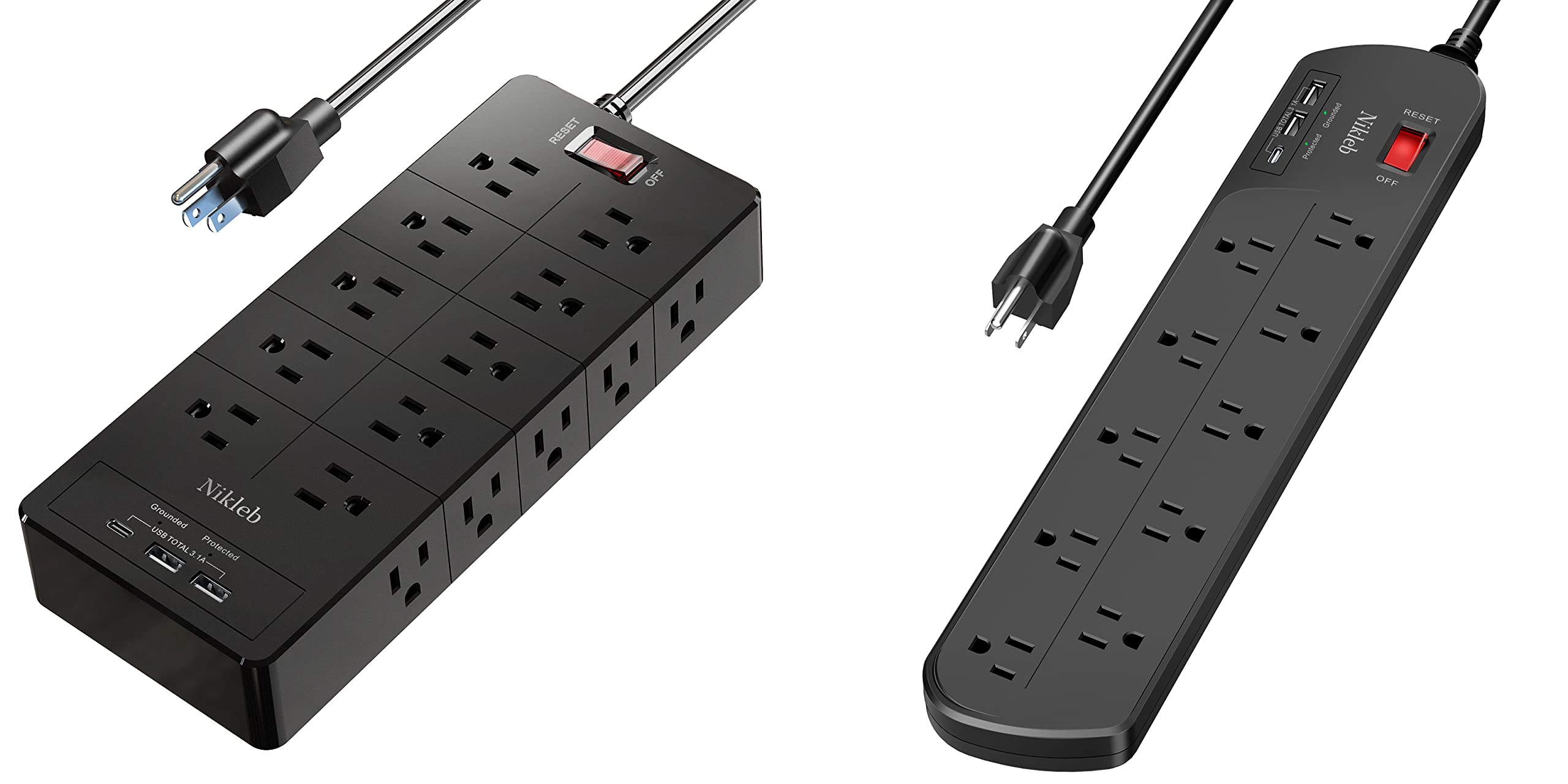 Power Strip 2 Packs, Surge Protector Outlet Extender Wall Mount with USB Ports, 6ft Extension Cords, Home, Office, College Accessories