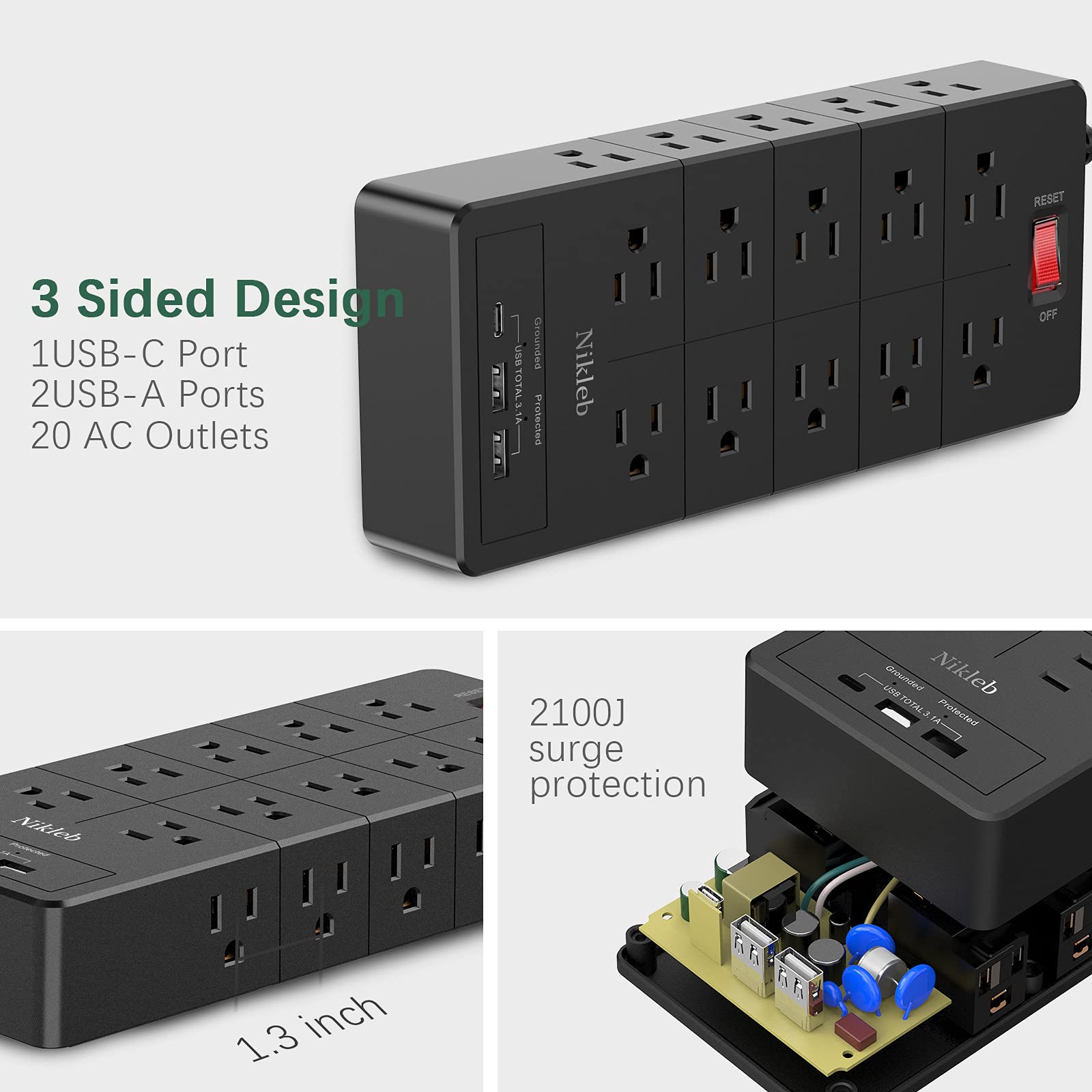 Power Strip 2 Packs, Surge Protector Outlet Extender Wall Mount with USB Ports, 6ft Extension Cords, Home, Office, College Accessories