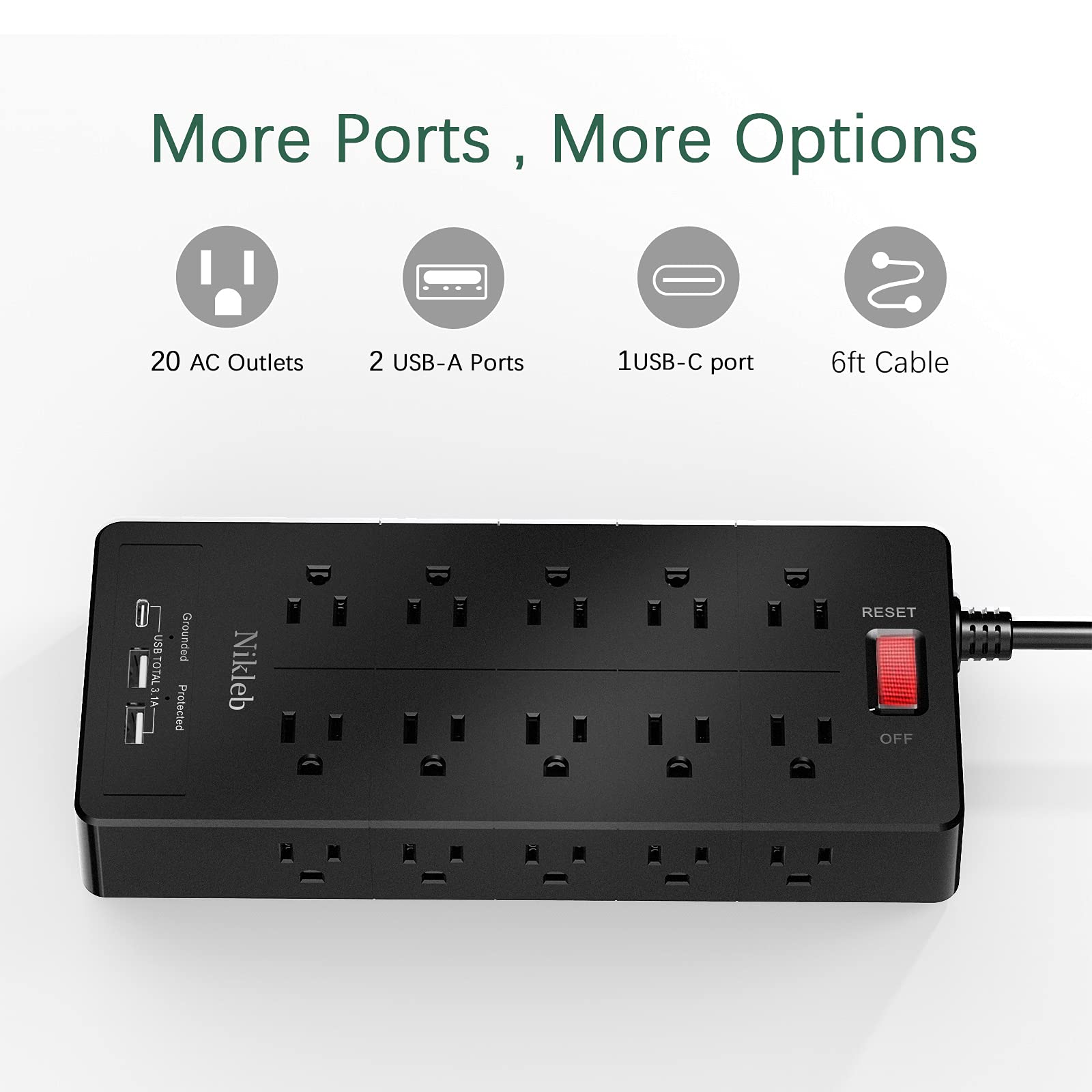 Power Strip 2 Packs, Surge Protector Outlet Extender Wall Mount with USB Ports, 6ft Extension Cords, Home, Office, College Accessories