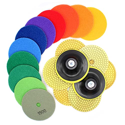 21Pack Diamond Polishing Pads 4 inch Wet Dry (Grits 30#-10000#) and Backer Pads Concrete Diamond Sanding Discs Marble Granite Stone polishing kit