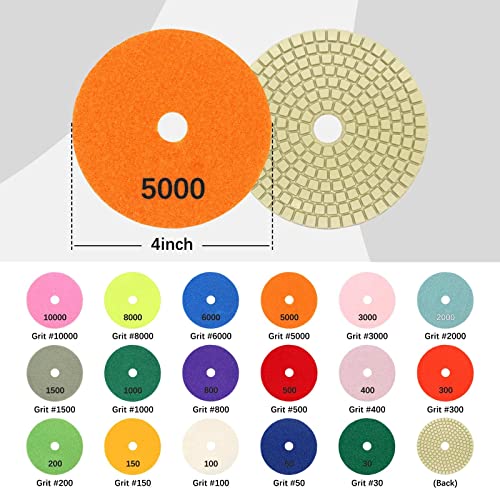 21Pack Diamond Polishing Pads 4 inch Wet Dry (Grits 30#-10000#) and Backer Pads Concrete Diamond Sanding Discs Marble Granite Stone polishing kit