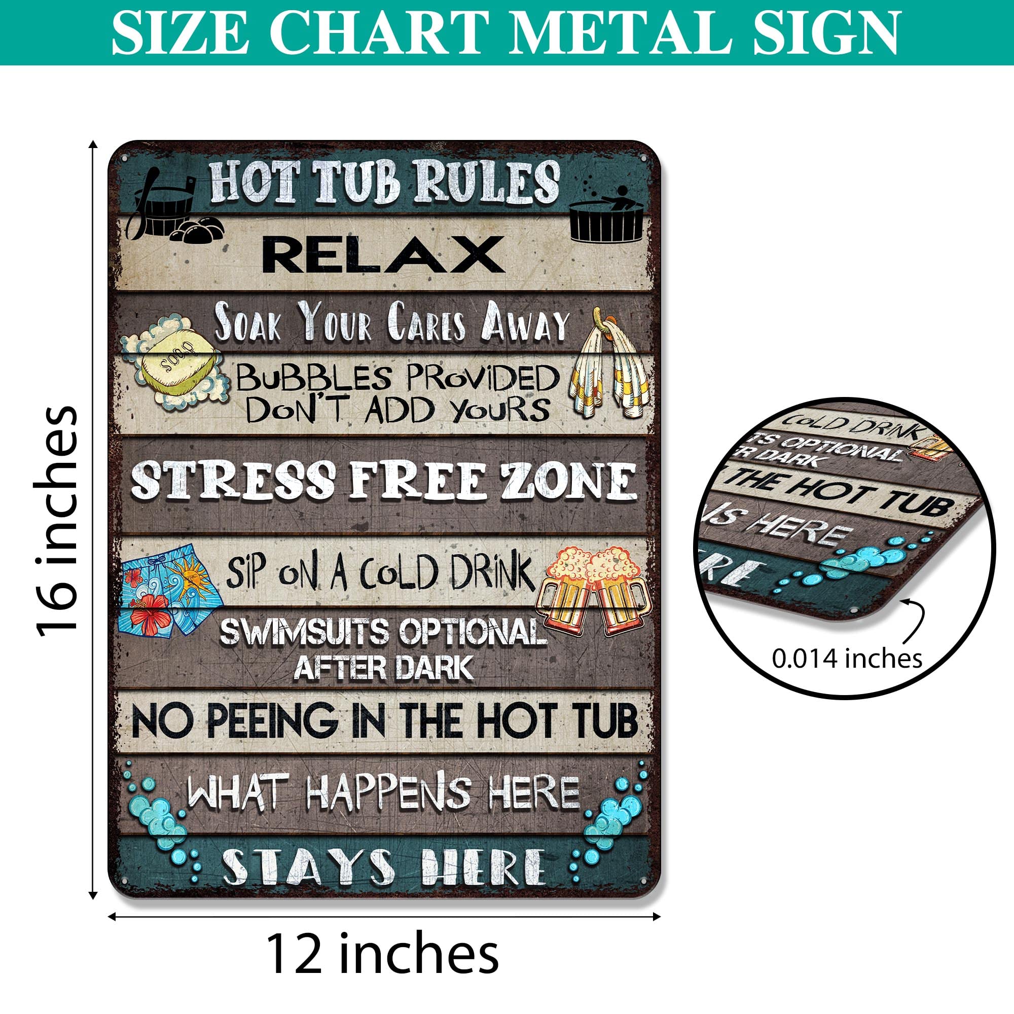 V VIBEPY All Over Printed Hot Tub Rules Metal Sign 12x16 Inches, Hot Tub Sign, Funny Rules Sign, Bathroom Metal Sign, Decorations Sign, Outdoor Metal Sign, Hot Tub Rules Sign (Hot Tub Rules)