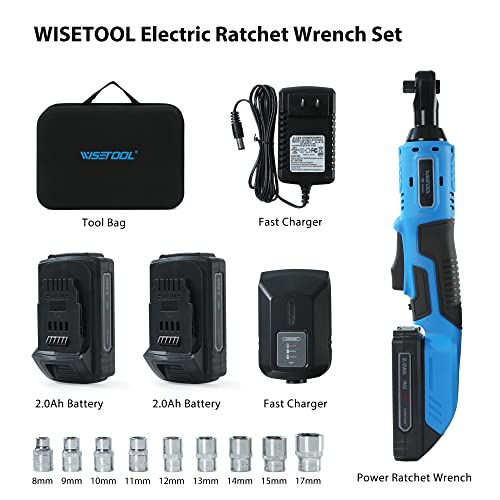 WISETOOL 20V Cordless Electric Ratchet Wrench Set,3/8" Power Ratchet Wrench Kit with 2-Pack 2000mAh Lithium-Ion Batteries,Max Torque 60N.m(44.25 ft-lbs),Variable Speed,9 Sockets and and Tool Bag