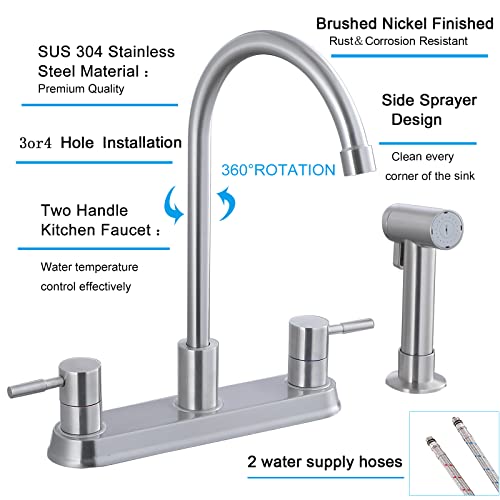 3 or 4 Hole Brushed Nickel Kitchen Faucet, 2 Handle Kitchen Sink Faucet with Side Sprayer, Lead-Free 360 Swivel High Arc Stainless Steel Commercial Kitchen Faucet for Rv Laundry Farmhouse Bar Sink