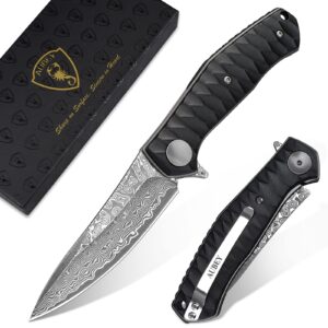 aubey damascus pocket knife for men with clip edc, 3.23" vg10 core damascus steel blade of folding knife with black aluminum handle, sharp damascus camping knife