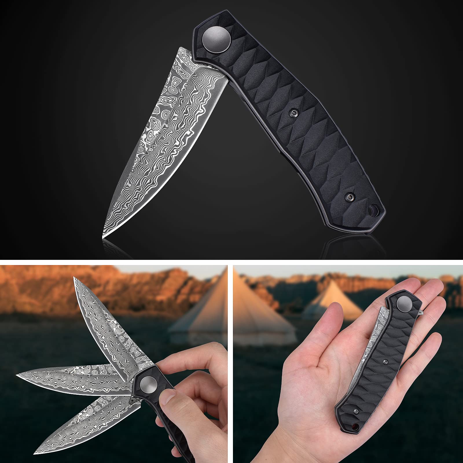 AUBEY Damascus Pocket Knife for Men with Clip EDC, 3.23" VG10 Core Damascus Steel Blade of Folding Knife with Black Aluminum Handle, Sharp Damascus Camping Knife