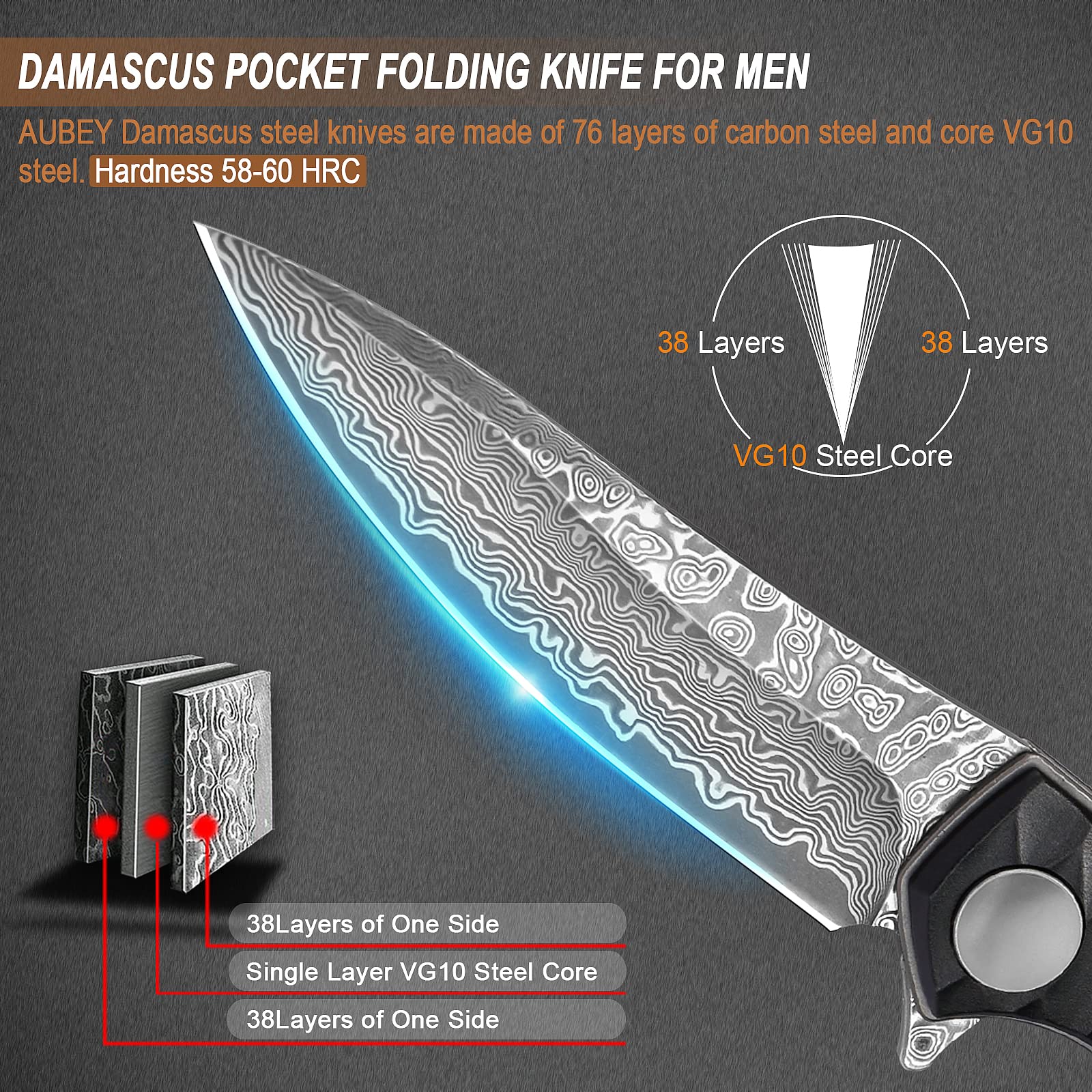 AUBEY Damascus Pocket Knife for Men with Clip EDC, 3.23" VG10 Core Damascus Steel Blade of Folding Knife with Black Aluminum Handle, Sharp Damascus Camping Knife