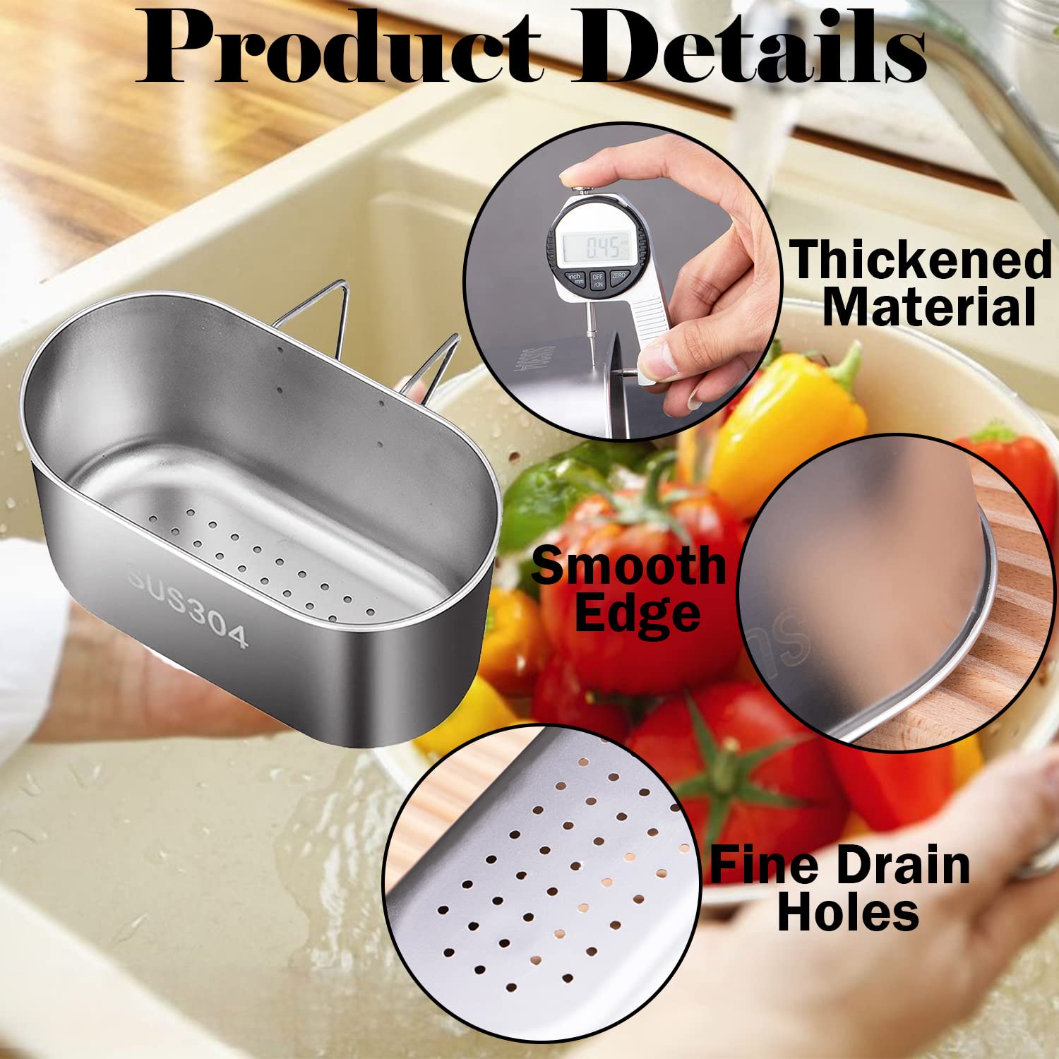 Stainless Steel Sink Drain Strainer Basket, Multifunction Hanging Sink Strainer Colander Drain Basket, Kitchen Sink Food Waste Filter and Vegetables Fruits Clean