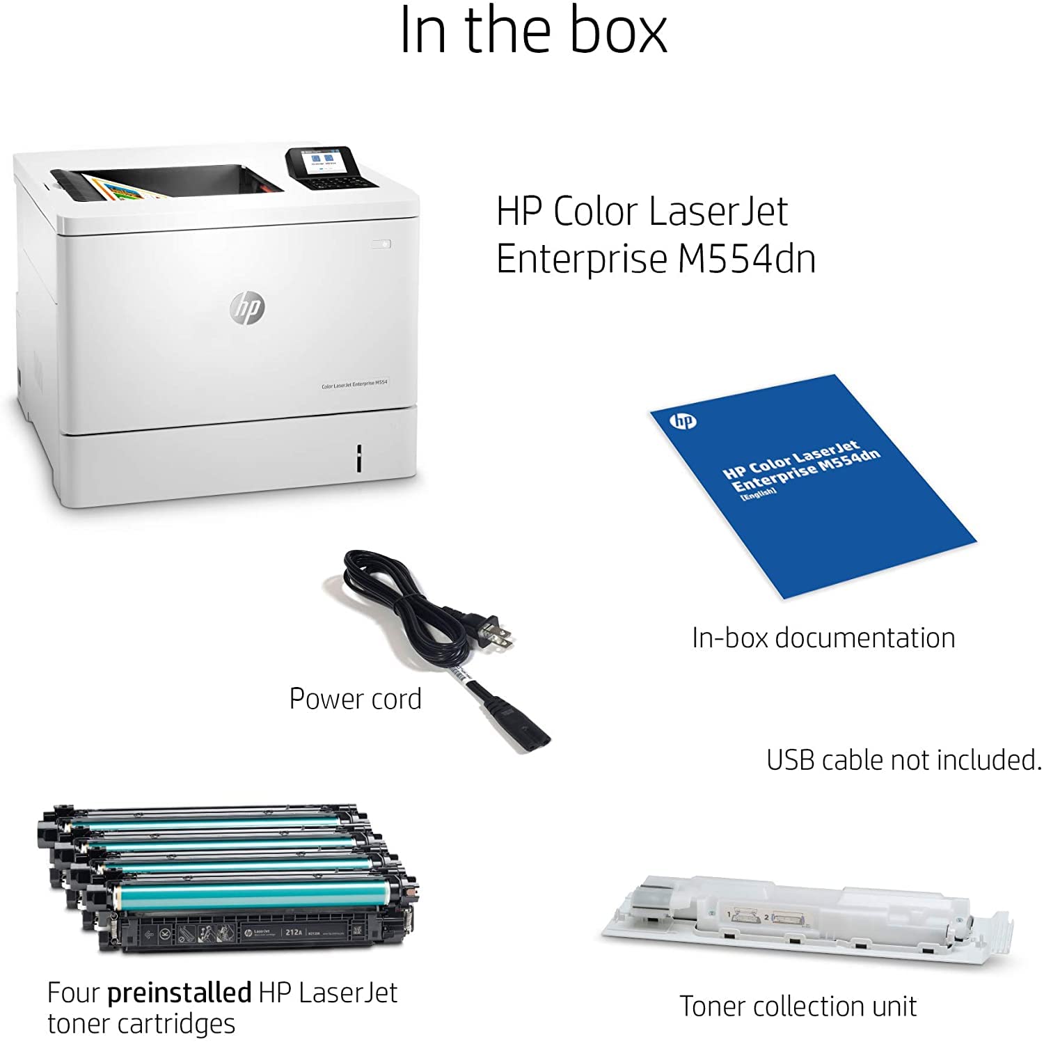 HP Laserjet Enterprise M554dn Print only Wired Color Laser Printer for Home Office, 2.7" Touchscreen, 600 x 600 dpi, 35 ppm, Automatic Duplex Printing, Ethernet, White, Cbmou Printer Cable