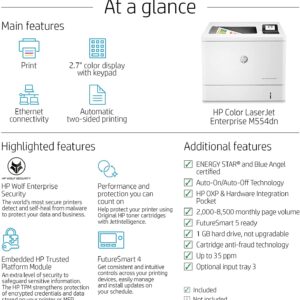 HP Laserjet Enterprise M554dn Print only Wired Color Laser Printer for Home Office, 2.7" Touchscreen, 600 x 600 dpi, 35 ppm, Automatic Duplex Printing, Ethernet, White, Cbmou Printer Cable