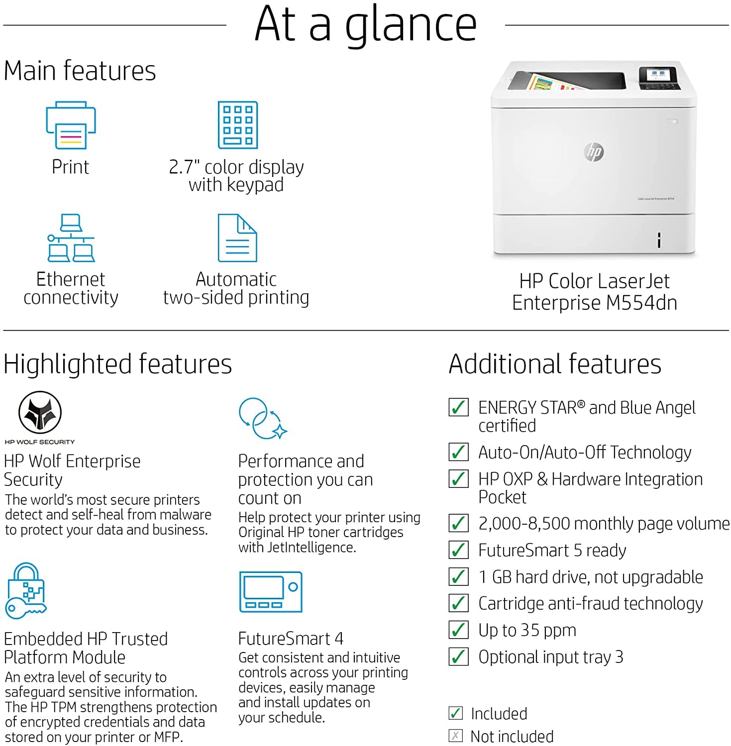 HP Laserjet Enterprise M554dn Print only Wired Color Laser Printer for Home Office, 2.7" Touchscreen, 600 x 600 dpi, 35 ppm, Automatic Duplex Printing, Ethernet, White, Cbmou Printer Cable