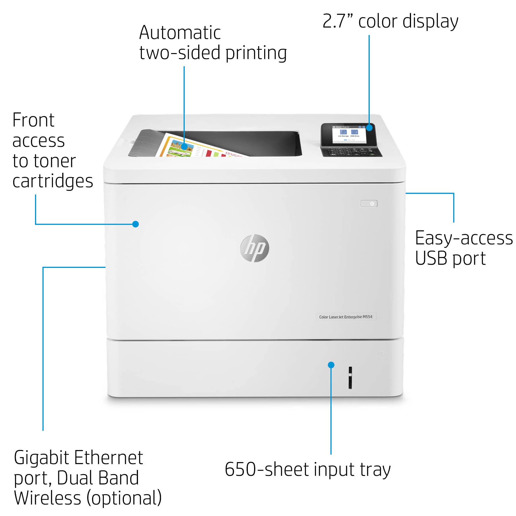 HP Laserjet Enterprise M554dn Print only Wired Color Laser Printer for Home Office, 2.7" Touchscreen, 600 x 600 dpi, 35 ppm, Automatic Duplex Printing, Ethernet, White, Cbmou Printer Cable