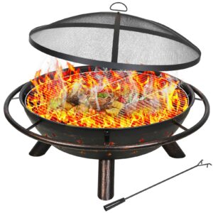 hykolity 41" large size 2 in 1 outdoor fire pit with grill, heavy duty steel wood burning firepalce, fire bowl with antiqued copper finish for bonfire patio backyard