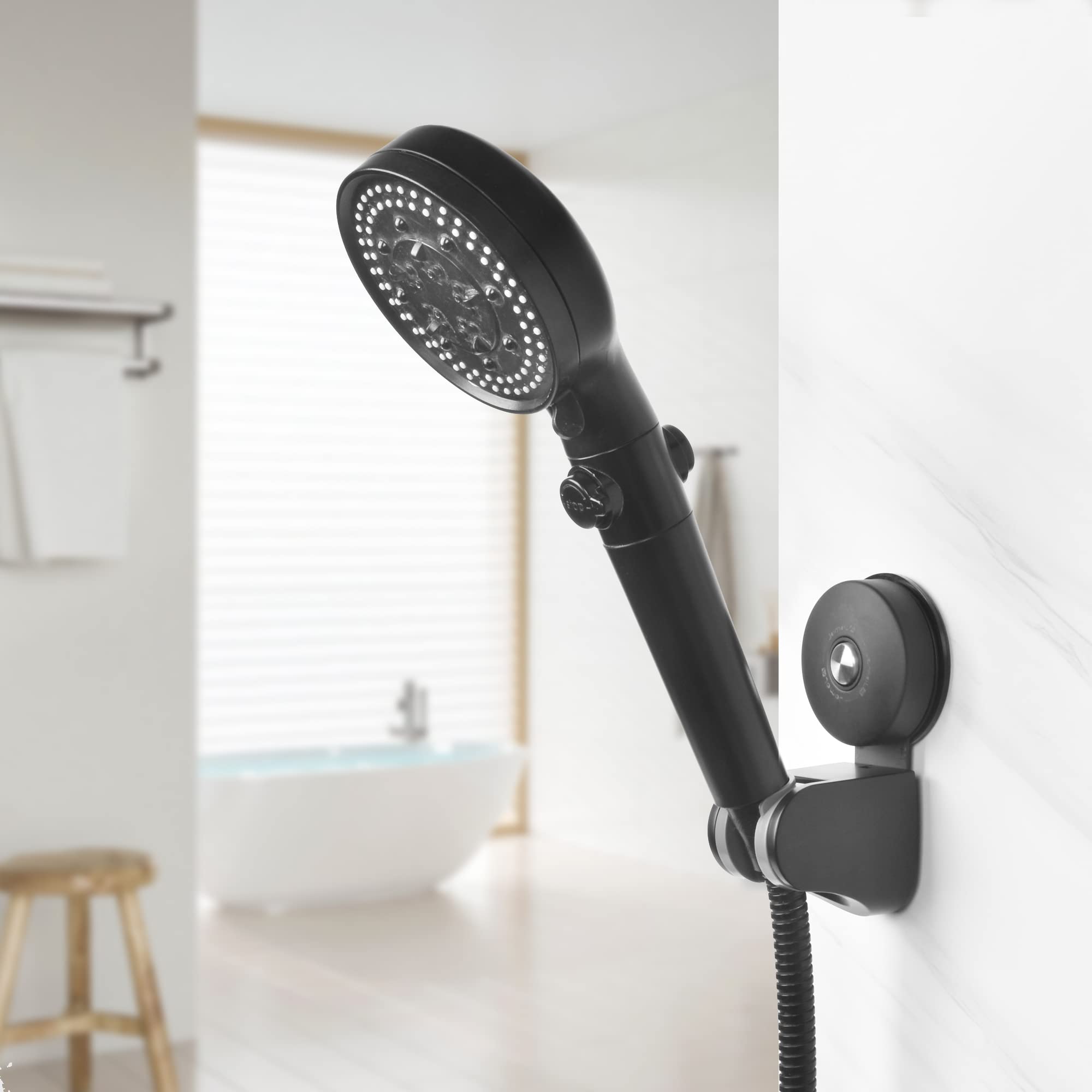 JOMOLA Suction Shower Head Holder Adjustable Handheld Shower Holder Stainless Steel Removable Bathroom Handheld Bidet Sprayer Holder 4 Mode Angle Matte Black