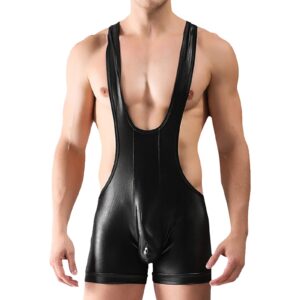 maiyifu-gj men's faux leather wrestling singlet stretch suspenders jockstrap bodysuit one piece athletic jumpsuit underwear (black,large)