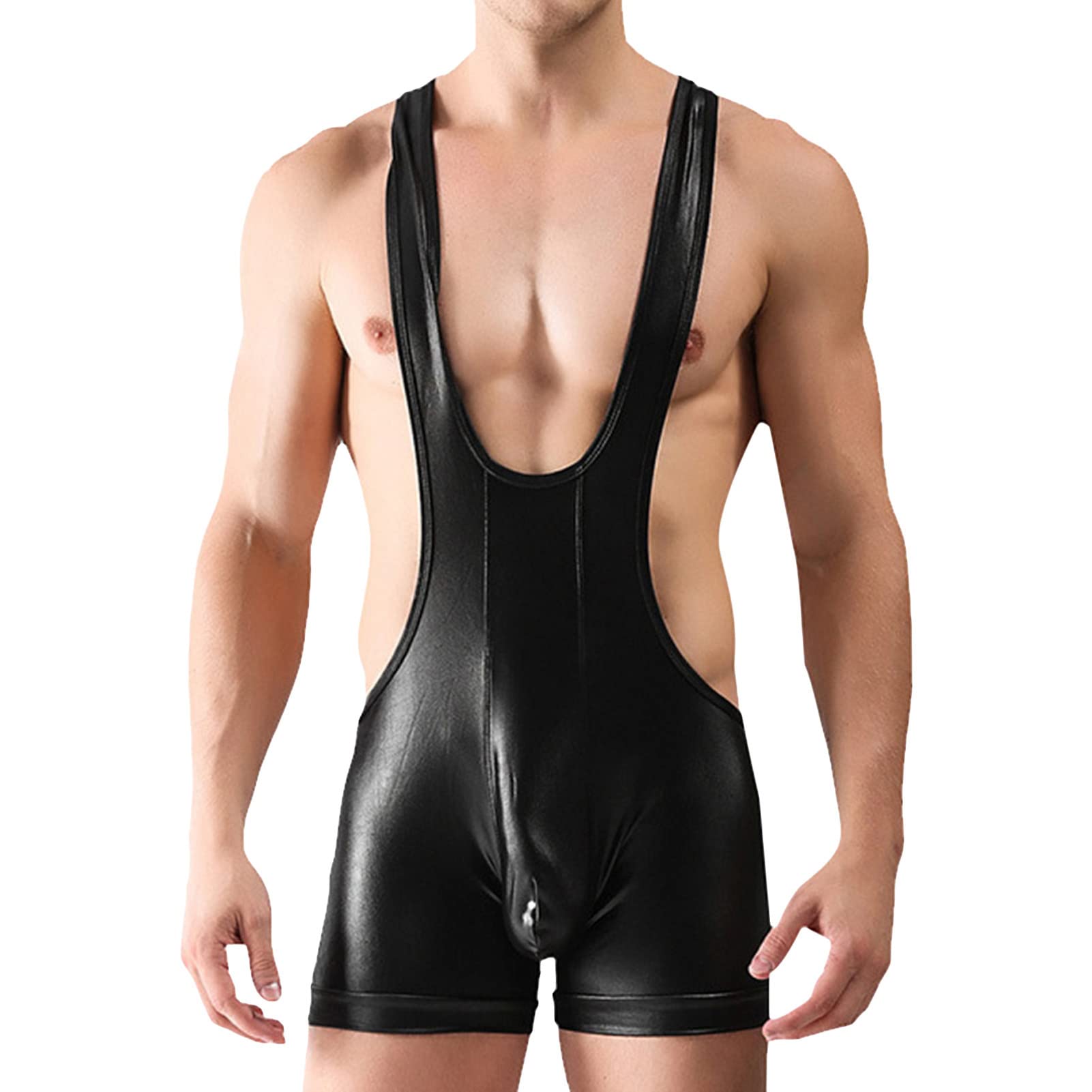 Maiyifu-GJ Men's Faux Leather Wrestling Singlet Stretch Suspenders Jockstrap Bodysuit One Piece Athletic Jumpsuit Underwear (Black,Large)