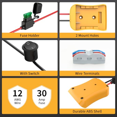 Kzreect Power Wheels Adapter for Dewalt 20V Battery Adapter, 20V Power Wheels Battery Converter Kit with Fuses Holder and Switch, Wire Terminals, 12AWG Wire for RC Car Toys Truck Adapter Set (2 Pack)