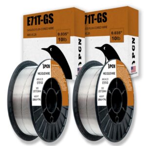 (2 pack) pgn flux core welding wire - e71t-gs .035 inch, 10 pound spool - gasless mild steel mig welding wire with low splatter - for all position arc welding and outdoor use